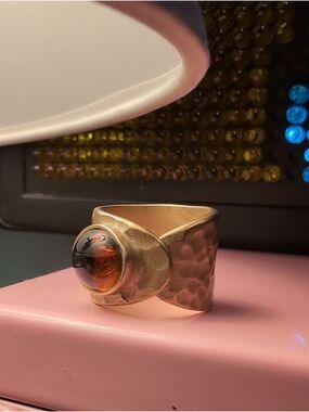 Tortoise Cabochon & Hammered Brushed Gold Ring By Premier Design